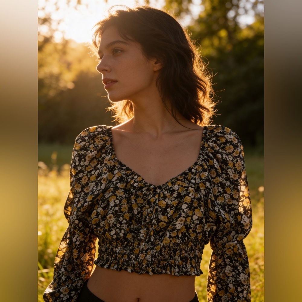 Le Lis Black Floral Crop Med Top V Neck Smocked Waist Peasant Romantic Boho
